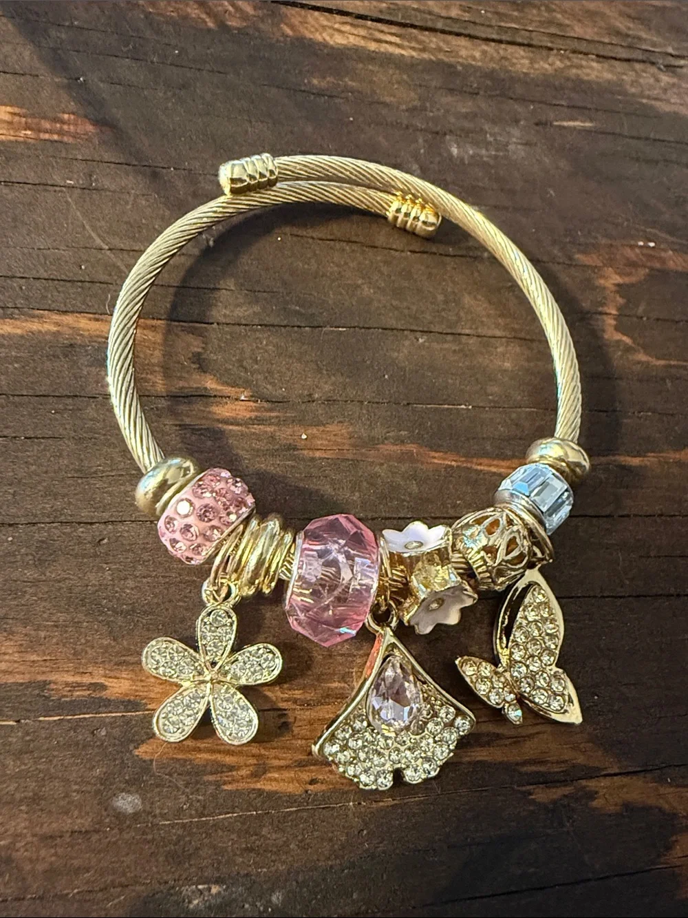 Gold Plated Charm Bracelet With Pink Gems & Charms Flower butterfly